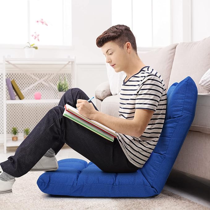 Giantex Adjustable Floor Gaming Sofa Chair 14-Position Cushioned Folding Lazy Recliner High Resilience Sponge, Breathable Cotton & Linen Fabric Sleeper Bed Couch Recliner (Navy) - Image 9