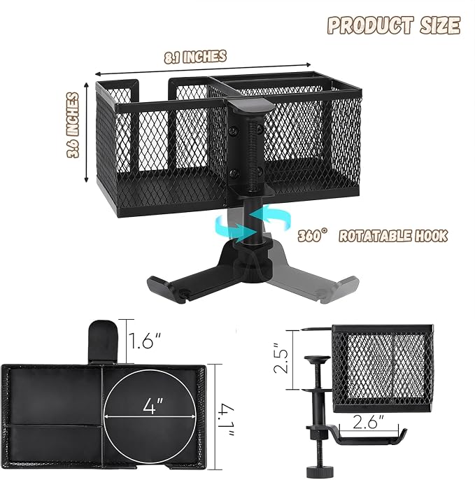 Multi-Function Desk Cup Holder with Headphone Hanger, 3 in 1 Caddy Organizer for Salon Chair, Bedside, Desk or Table - Sturdy Anti-Spill Drink Holder for Water Bottles, Coffee, Bag (Black) - Image 5