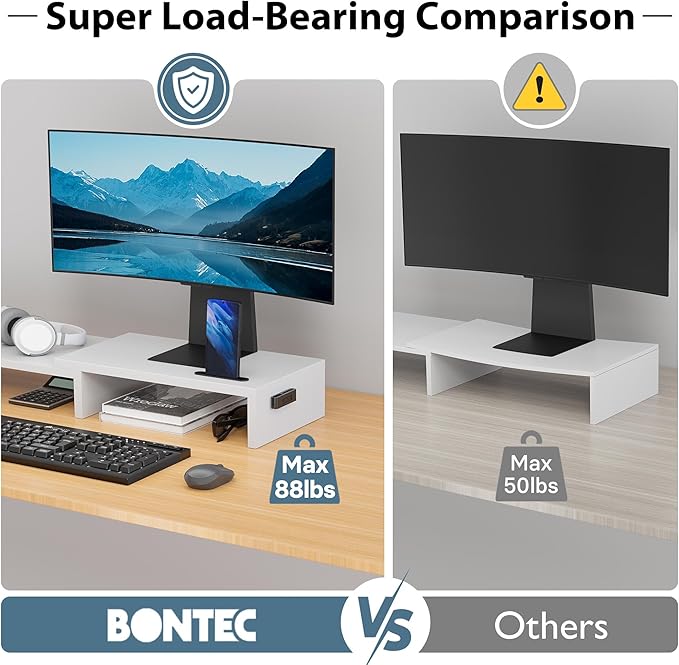 BONTEC Dual Monitor Stand Riser, Adjustable Length & Swivel Angle, White | Ergonomic Wooden Desktop Organizer with Smartphone Holder, Computer Monitor Stand for PC, Laptop,Printer and Large Storage - Image 5