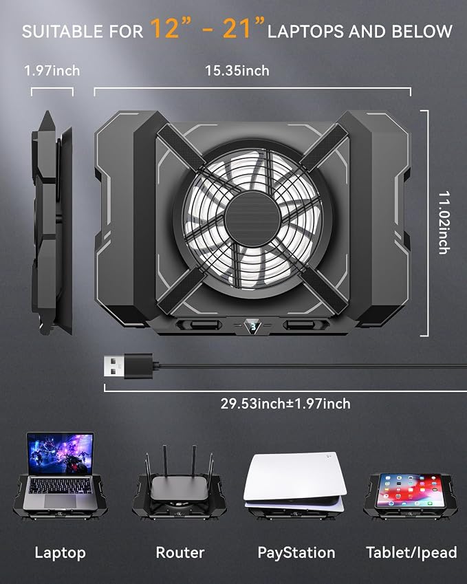 Laptop Cooling Pad, Gaming Laptop Cooler with 7.1 Inch Powerful Fan, RGB Lights & 3-Speed Fan Control & LCD Diamond Design, Height Adjustable Quiet Laptop Cooling Stand for 12"-21" Laptops etc - Image 6