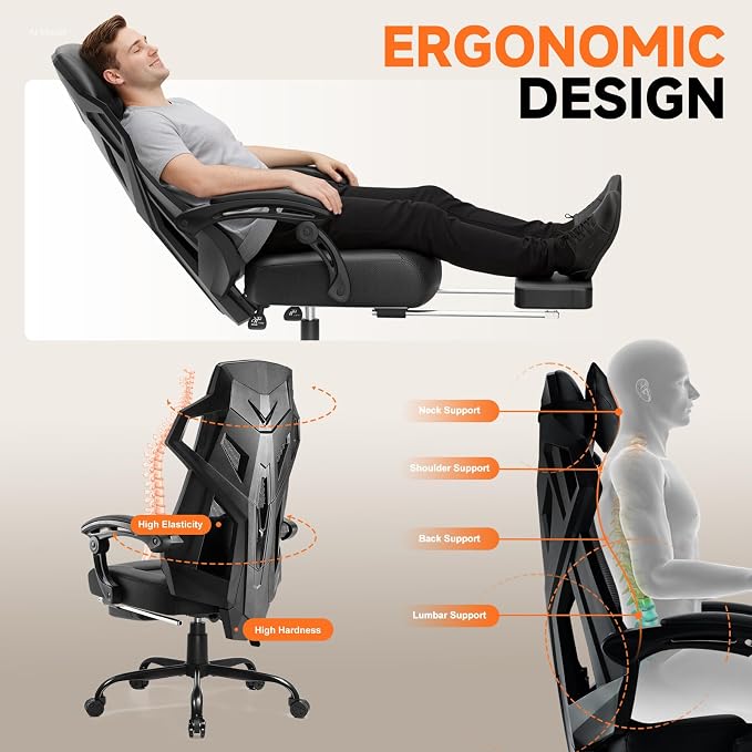 GTPLAYER Computer Chair with Adjustable Footrest, Ergonomic Gaming Chair with Headrest and Lumbar Support, Breathable Mesh Office Chair for Adults, High Back Reclining Desk Chair for Gaming and Office - Image 7