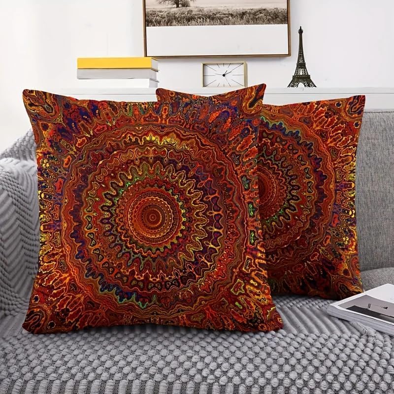 Decorative Linen Throw Pillow Covers, Mandala Pattern, Set of 2 18x18 pillows Red Fantasy Golden Mandala Bohemian Style Modern Decorative Square Pillowcases for Sofa Couch Bedroom Living Room Car - Image 4
