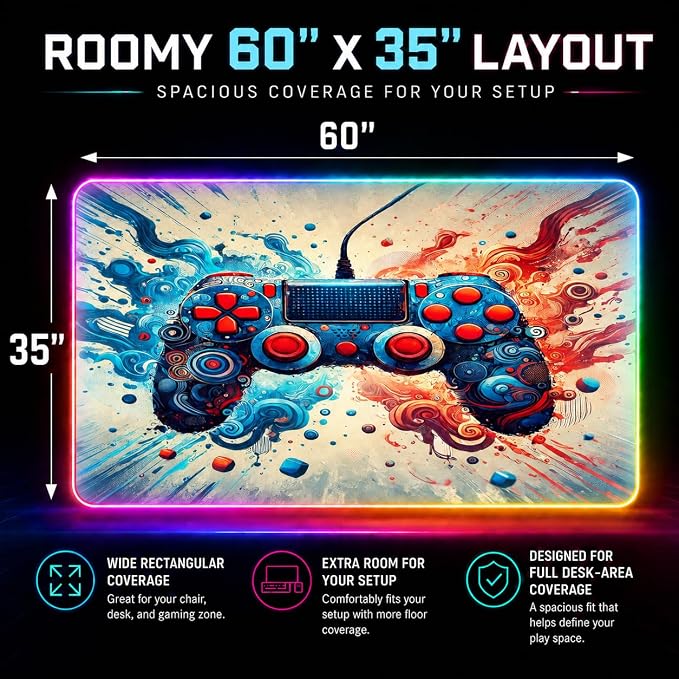 Gaming Rug RGB LED Light (3x5 Waveburst Controller) - Bedroom Gamer Rug Floor Mat Gaming Decor - Kids Room Rug Anti Slip Mat for Gamer Chair – Play Game Room Décor for Teen, Boys, Kids - Image 2