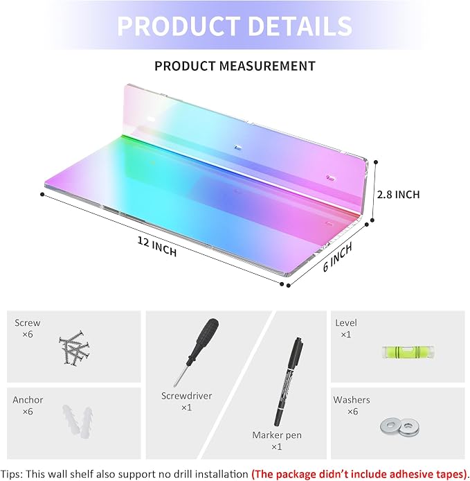 Sezanrpt 12 Inches Iridescent Acrylic Wall Shelves Set of 2, Wall Mounted Shelf for Funko Pop Shelves, Smart Speaker, Plants, Picture Frame, Digital Clock, 2 Pack - Image 2