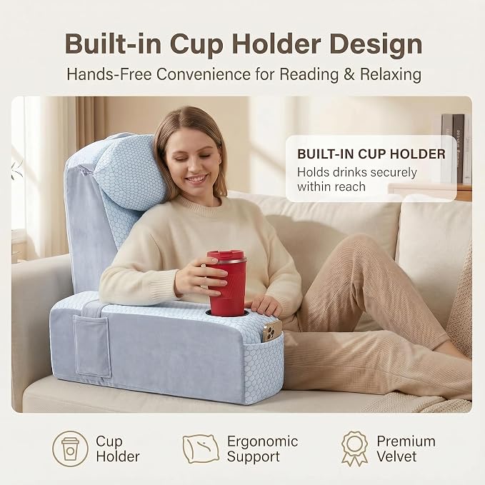 Reading Pillow for Adults, Back Pillow for Bed Sitting Up, Backrest Pillow for Sitting in Bed, Detachable Arms with Built-in Cup & Phone Caddy (White Cooling - Polka, 19 INCH) - Image 3