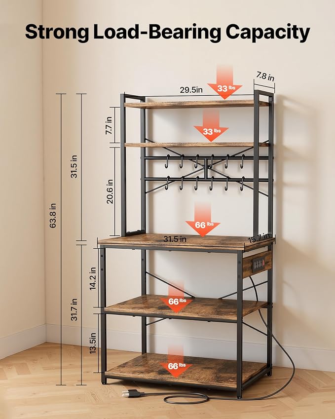 VEVOR Kitchen Bakers Rack with Power Outlets, 31.5 x 15.7 x 63.7Inch Microwave Stand with Built-in Power Strip & 5 Ft Cord, 12 S-Shaped Hooks, for Dish Storage, Spice Jars, Coffee Bar Organization - Image 3