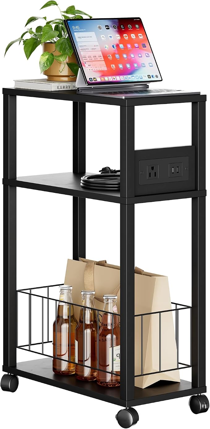 Rolling Side Table with Wheels, Narrow End Table with Charging Station - Image 6