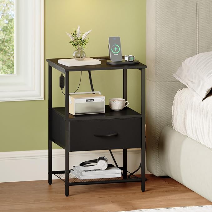 Somdot Nightstand with Charging Station & LED Light, Bedroom Bedside Table - Image 8