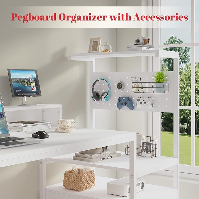 Computer Desk with Drawers, Home Office Desk with Storage Shelves, Charging Station, Corner Gaming Desk with Pegboard for Workspace, White - Image 4