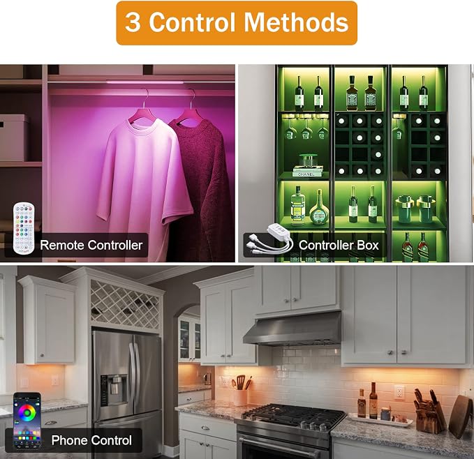 LABOREDUCER RGB Under Cabinet Lights,6 Pack Plug in or Hardwired Linkable RGB LED Closet Light with Remote and APP Control,24V Under Cabinet Lighting for Kitchen Closet Counter 18W(RGB+Cool White - Image 6