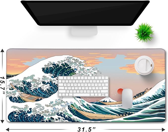 Japanese Large Mouse Pad DeskMat Office Desk Pad, Sunset Sea | Extended Large MouseMat for PC, Stitched Edges Gamer Mousepad 31.5 X 15.7 Inch Long Mice Pad - Image 6