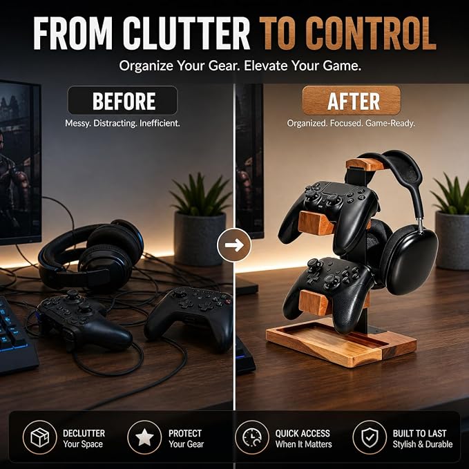 Acacia Wood Gaming Headset Stand & Dual Controller Holder, Solid Wood Desk Organizer Compatible with PS5, Xbox, Switch, Over-Ear Headphones, Gamer Gift for Men - Image 3