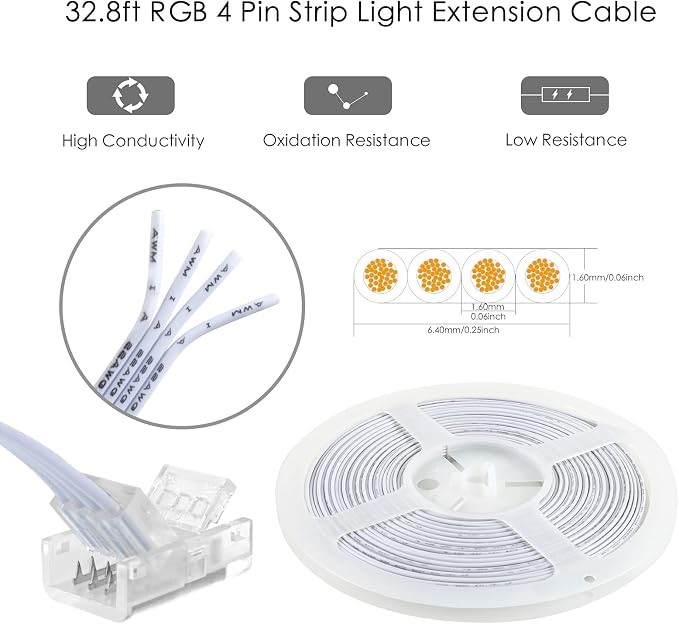 RGBZONE 10Pcs 4 Pin 10mm LED Strip Connectors and 32.8FT 4 Pin RGB Extension Cable Strip to Wire Quick Connection for 10mm Wide Waterproof or Non-Waterproof SMD RGB 5050 LED Strip Light(IP20/IP65) - Image 5