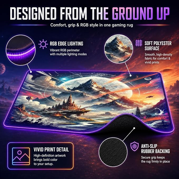 Gaming Rug RGB LED Light (3x5 Enchanted Luminescent) - Bedroom Gamer Rug Floor Mat Gaming Decor - Kids Room Rug Anti Slip Mat for Gamer Chair – Play Game Room Décor for Teen, Boys, Kids - Image 6