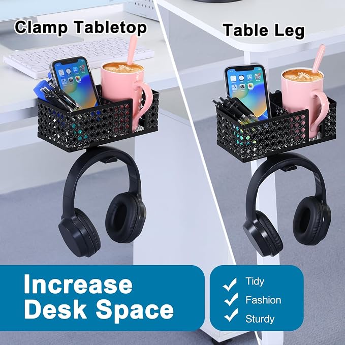 3-in-1 Desk Cup Holder, Clip on Desk Organizer Headphone Hanger - Image 3