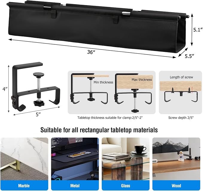 Under Desk Cable Management Tray, 36-Inch Heavy Duty No-Drill Clamp & Screw Mount Cord Organizer, Holds Power Strip & Large Adapters for Home Office, Gaming Desk, Study Room - Image 5