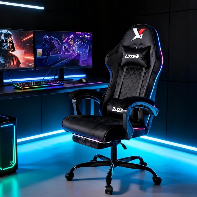Fabric Gaming Chair for Adults,400lbs Ergonomic Office Chair with Footrest | Black Computer Chair with High Back,Racing Style, Spring Wide Cushion, Adjustable Headrest & Lumbar Support, 90-135° Recline - Image 2