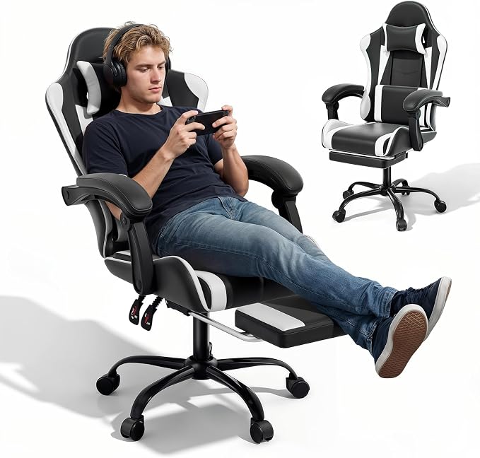 MoNiBloom Gaming Chair, Footrest & Lumbar Support, Height Adjust, White | Headrest & Lumbar Support, Ergonomic Computer chair, for Adult Teen Office or Gaming,Swivel game chair, leather gaming chair by Monibloom