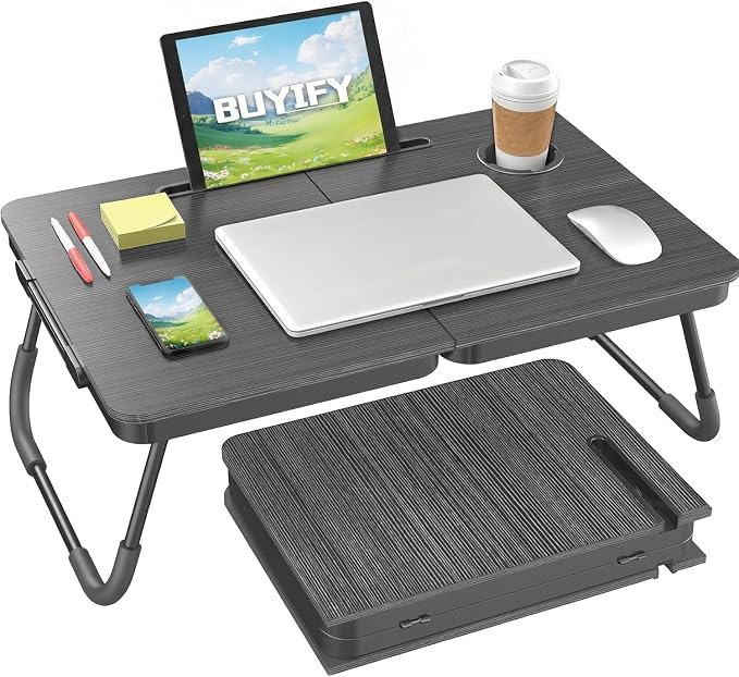 BUYIFY 23.4" Foldable Lap Desk Bed Table with Cup Holder Tray Charcoal by BUYIFY