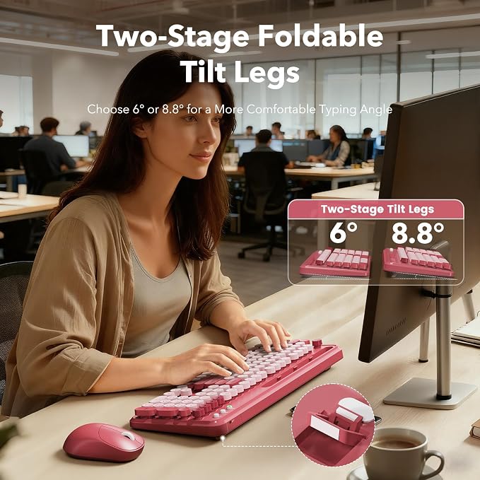Wireless Keyboard and Mouse Combo, Retro Round Keycaps, Full-Size Stylish Typewriter Keyboard with Large Phone/Tablet Holder, 3-Level DPI Ergonomic Mouse, 2.4GHz Cordless for Windows PC, Rose Pink - Image 3