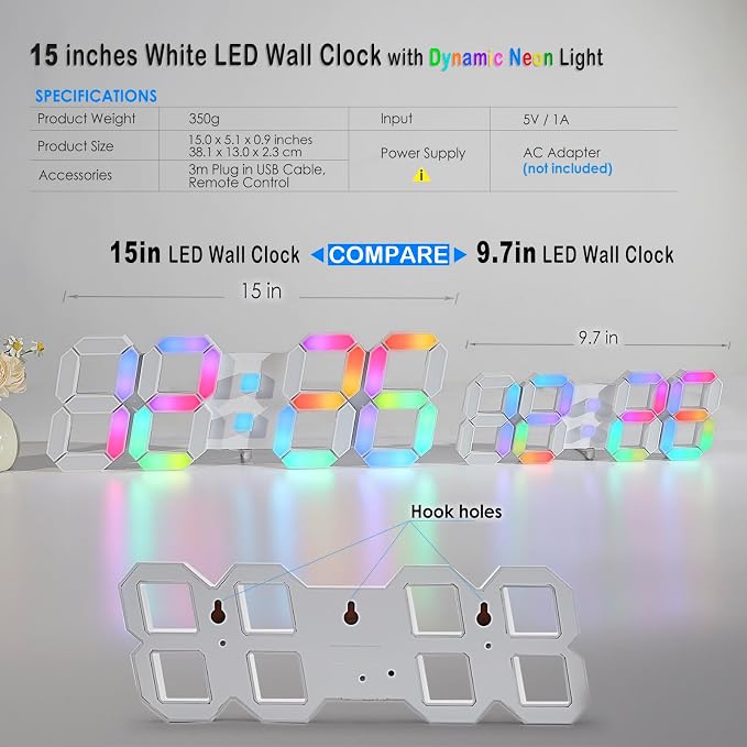 KOSUMOSU LED Wall Clock 15" RGB Digital LED Clock for Living Room Decor, Large Display Gaming Room Clocks, Dimming/12/24 Hr Time/Date/Temp/Remote (White Clock with Neon Light) - Image 3