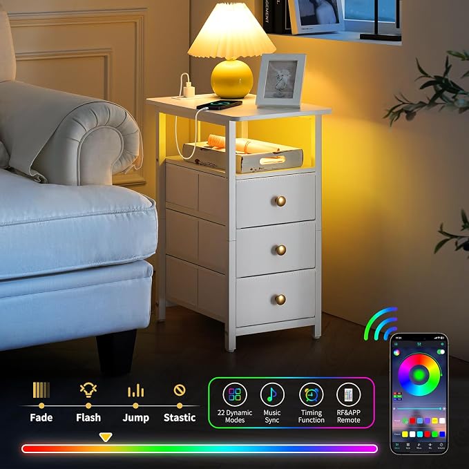 Yoobure End Table with Charging Station, LED Narrow Side Table Bedside Table, Small Night Stand End Tables Living Room, Skinny Nightstand with 3 Fabric Drawers, Side Tables Bedroom for Small Spaces - Image 4