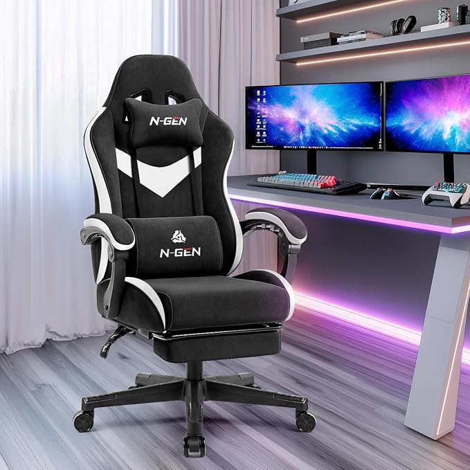 N-GEN GAMING Gaming Chair, Reclining Backrest, Footrest, Fabric, Black | Ergonomic Design with Reclining Backrest, Linkage Armrests and High-Density Foam, Comfy Seating for Computer or Home Office - Image 2