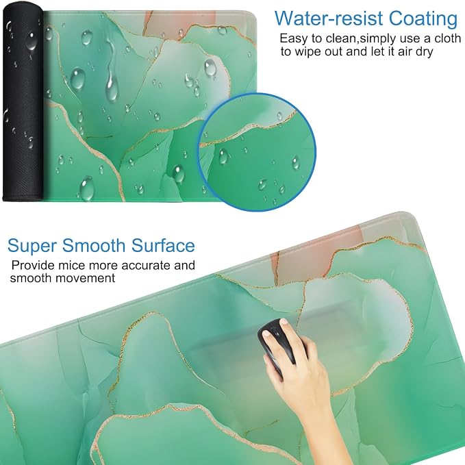 Large Mouse Pad 31.5 x 11.8 in, Gaming Mousepad with Stitched Edges, Premium Microfiber Cloth Surface, Waterproof Non-Slip Base Keyboard Desk Mat for Home Office Gaming, Marble Green - Image 3