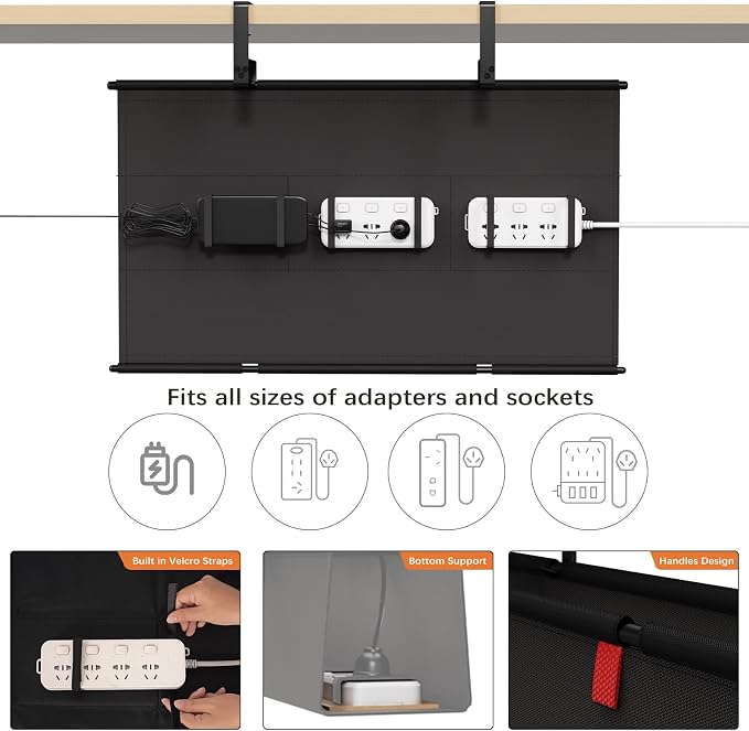 Under Desk Cable Management Tray, 28" Fabric Wire Cord Organizer, Black - Image 2
