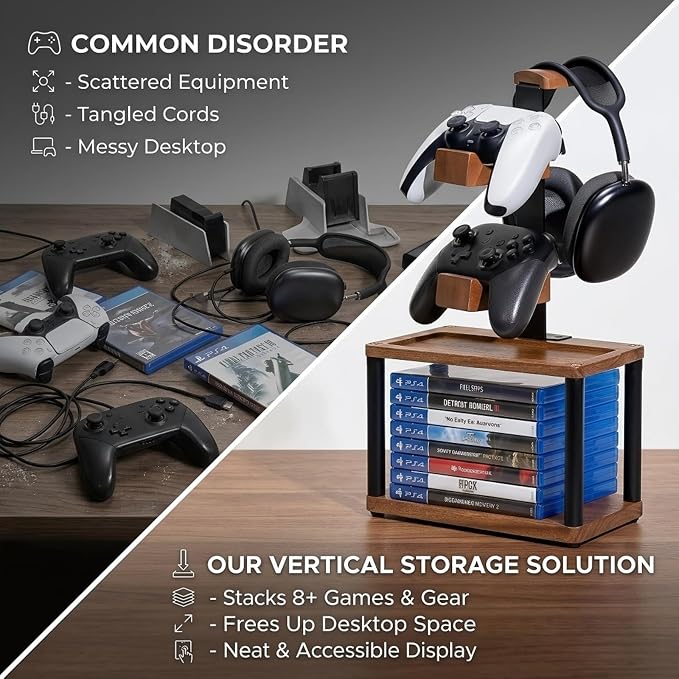 Solid Wood Controller Holder and Headphone Stand with Storage Base for Desk | Holds 1 Headset & 2 Controller - Gaming Equipment Accessories for PS5/Xbox/Switch and Headset Holder, Gamer Gift for Men - Image 3
