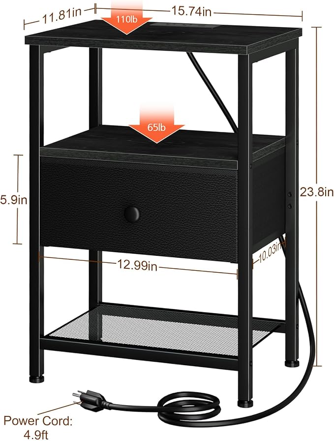 LOAKEKEL Night Stand, Small Nightstand with Charging Station - Image 6