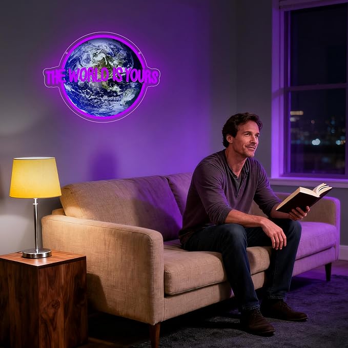 The World is Yours Neon Sign, Planet Led Neon Light Signs for Wall Decor Gaming LED Light up Sign Lamp for Party Bedroom Bar Game Room Man Cave Birthday Gamer Gift Dimmable USB Powered(16.4"*12.2") - Image 6
