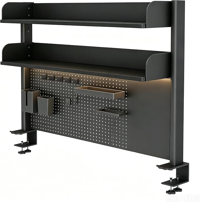 31.5 Inch Clip-on Desktop Organizer Bookshelf with Pegboard, Desk Shelf Organizer, Multipurpose Computer Desk Desktop Bookshelf, Desk Extender Pegboard Clamp, Desktop Display (Black) by Unknown