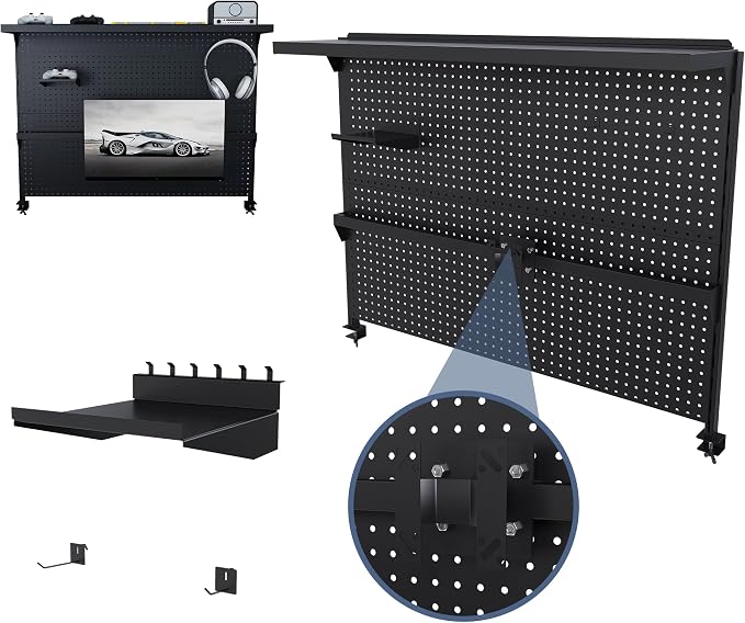 Clamp On Desk Pegboard with Single Monitor Stand, 43x35 Inch Steel Peg Board Organizer with Hooks Movable Panel for Gaming Office, Black - Image 9