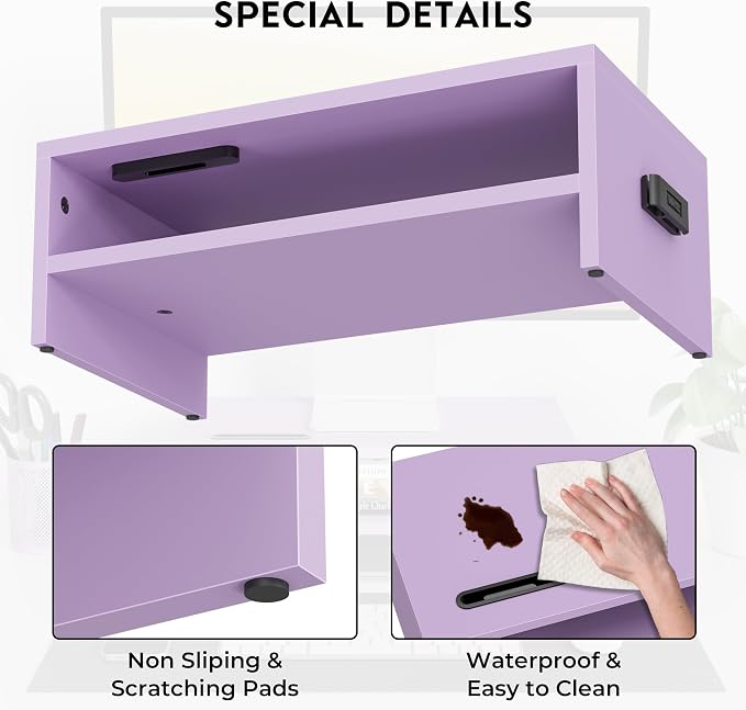 BONTEC Wooden Monitor Stand Riser for Desk, 2-Tier Computer Monitor Stand | 66 lbs Desk Shelf Organizer with Storage, Laptop & Printer Stand with Phone Holder and Cable Management, Purple, 16.5 Inch - Image 5