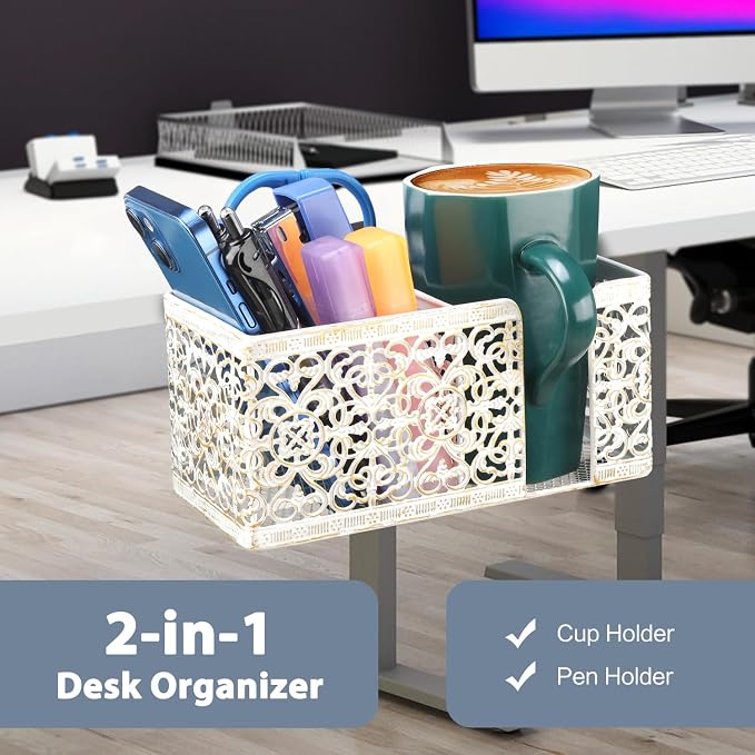 Under Desk Cup Holder, Clamp on Cup Holder Clip Desk Organizer Phone Stand - Image 2