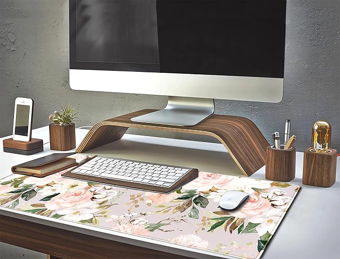 Pink Flowers Keyboard Pad PC Gaming Desk Mat Desk Mouse Pads Green Leaves Floral Mouse Pad Large, Computer XL Big Mousepad Deskpad Mat with Stitched Edge for Women Home Office Decor 31.5x11.8 in - Image 6