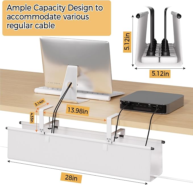 Under Desk Cable Management Tray, 28" Fabric Wire Cord Organizer, White - Image 4