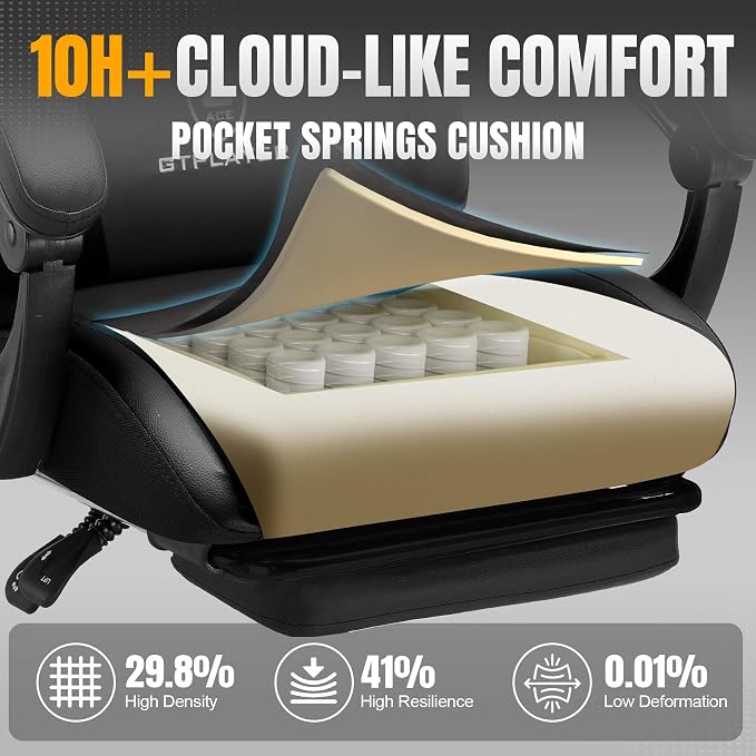 GTPLAYER Gaming Chair with Pocket Spring Cushion, Leather Office Chair with Ergonomic High Back & Lumbar Support for Back Pain Relief, Computer Game Chair for Adults, Black - Image 4