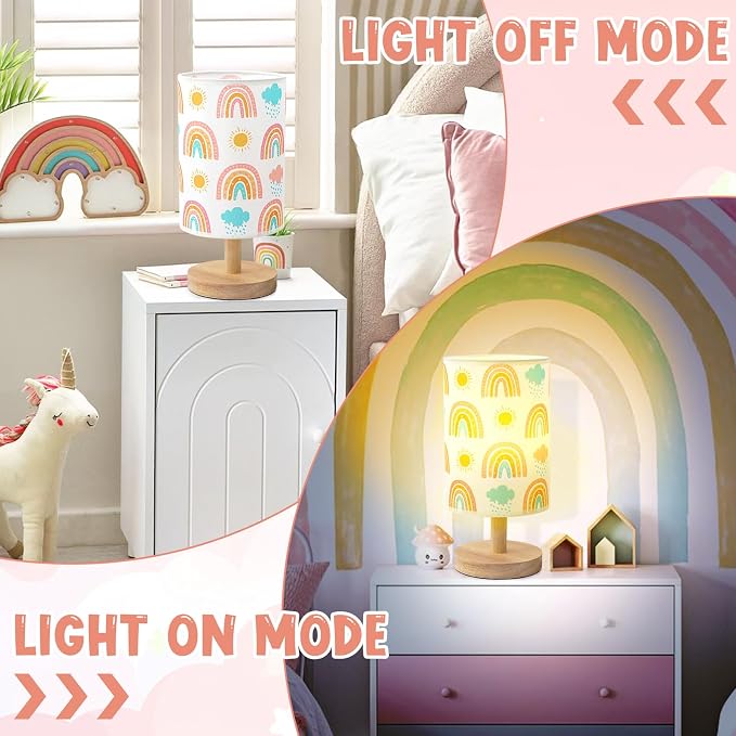 Rainbow Table Lamp for Kids Bedroom - Boho Rainbow Kids Bedside Lamp with Linen Wooden Nightstand Cartoon Nursery Lampshade for Girls Room Decor - Image 4