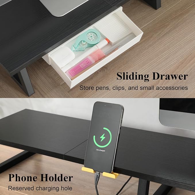 TEAMIX 42 inch Dual Monitor Stand with Storage Drawer & Phone Holder, Black | Laptop, PC, Printer, TV Stand Riser, Wood & Steel, Holds 300lbs, Keyboard & PS5 Storage underneath, For Home Office & Gaming - Image 3