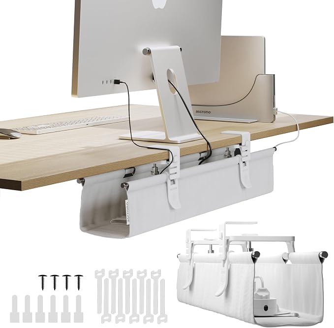 Ascrono Original No Drill Under Desk Cable Management Tray 27.3" - Premium White Fabric Cable Management Under Desk - Clamp/Screw Mount Cord Organizer - Supports Upto 66lbs by Ascrono