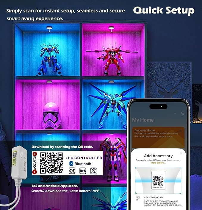 Cefrank Color Cabinet Lighting, 4pcs 12" Linkable RGB LED Light Bar Kit for Display Cabinet, Smart App & Remote Control, Music Sync, Scene Modes, Multi-Colors - Image 7
