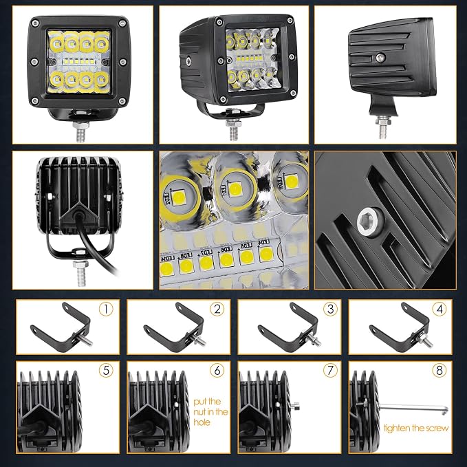LED Cubes, Nirider 2PCS 84W 3 Inch LED Pod Lights Off Road Driving Lights Spot Flood Combo Light Bars Fog Lights Square Work Light for Truck Car SUV ATV UTV Boat - Image 7
