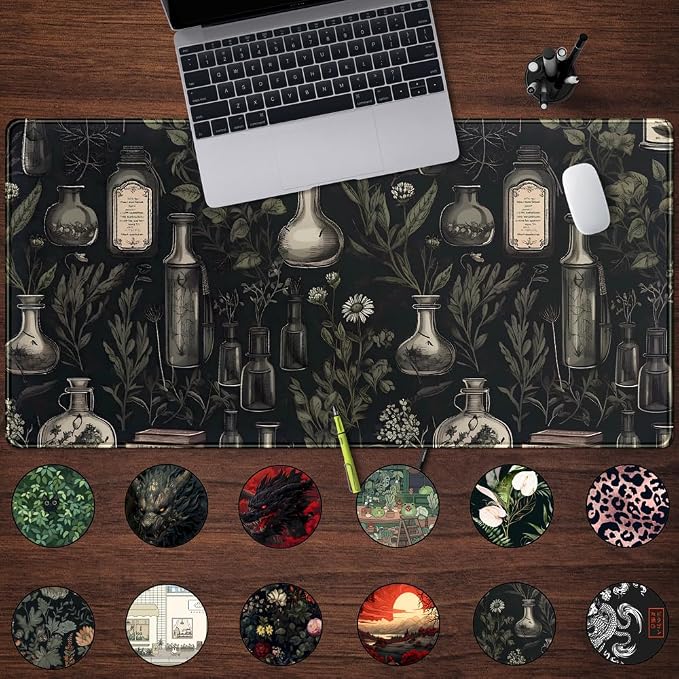 Black Aesthetic Desk Mat - Vintage Large Gaming Flower Mouse Pad XXL Plant Wildflower Mousepad Extended Laptop Computer Keyboard Mat for Women Girl Office Decor 31.5x15.8 in - Image 2