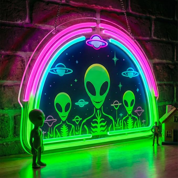 Alien Neon Sign,Neon Signs for Wall Decor,Space UFO LED Neon Light Wall Decor for Game Room,Mancave,Dorm & Party,Dimmable USB Powered Neon Wall Art Aesthetic for Teens,Gamers & Sci-Fi Lovers - Image 2