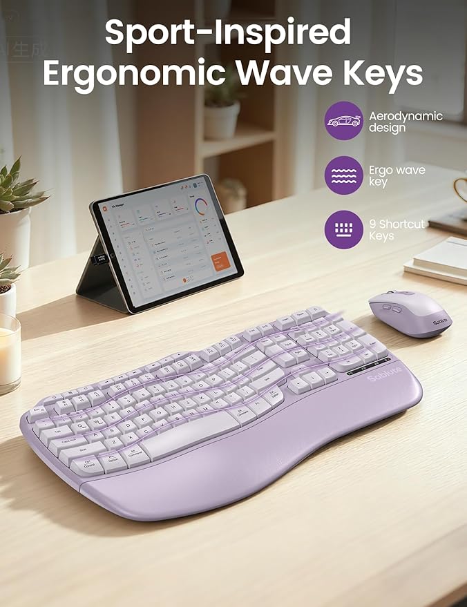 Purple MA31 Ergonomic Wireless Keyboard and Mouse Combo, Full Size Wave Key - Image 3