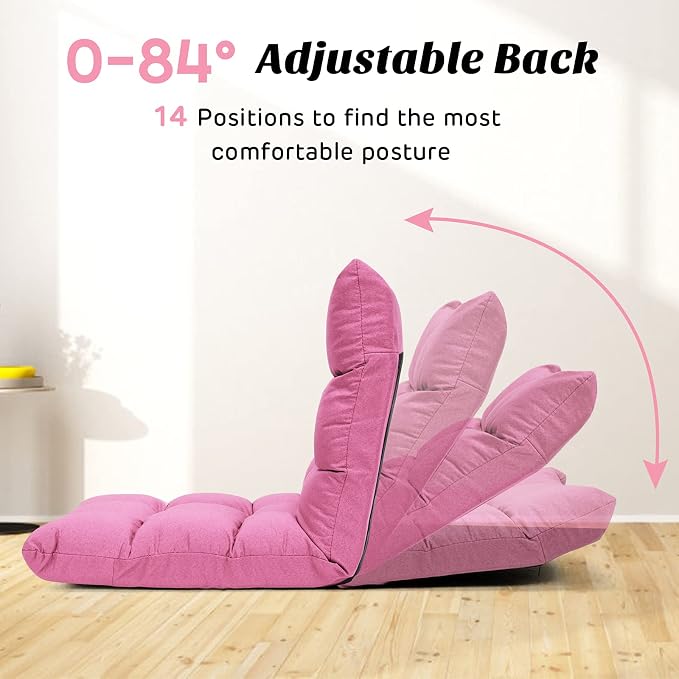 Giantex Adjustable Floor Gaming Sofa Chair 14-Position Cushioned Folding Lazy Recliner High Resilience Sponge, Breathable Cotton & Linen Fabric Sleeper Bed Couch Recliner (Pink) - Image 4