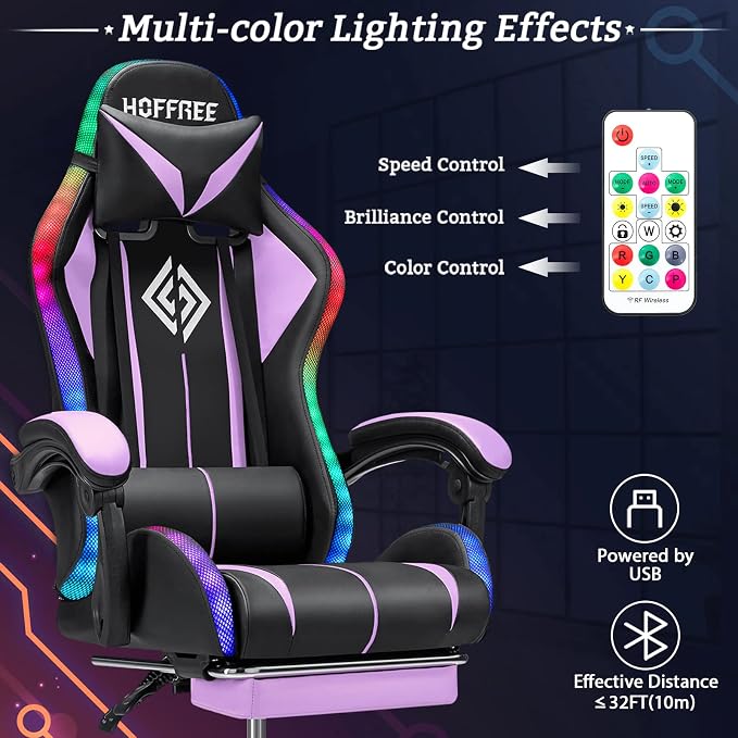 RGB Gaming Chair with LED Lights Massage Ergonomic Computer Chairs-Purple | High Back Video Game Chair with Footrest & Adjustable Lumbar Support Gamer Chairs for Adults Racing Style Recline - Image 5