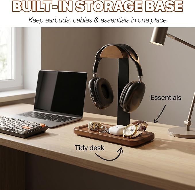 Gift for Men Headphone Stand with Storage Base, Stylish Headset Holder Gamer Gifts for Gaming & Desk to Keep Accessories Organized, Unique Gifts for Teenage Boy Brother on Birthday (Brown Wood) - Image 2